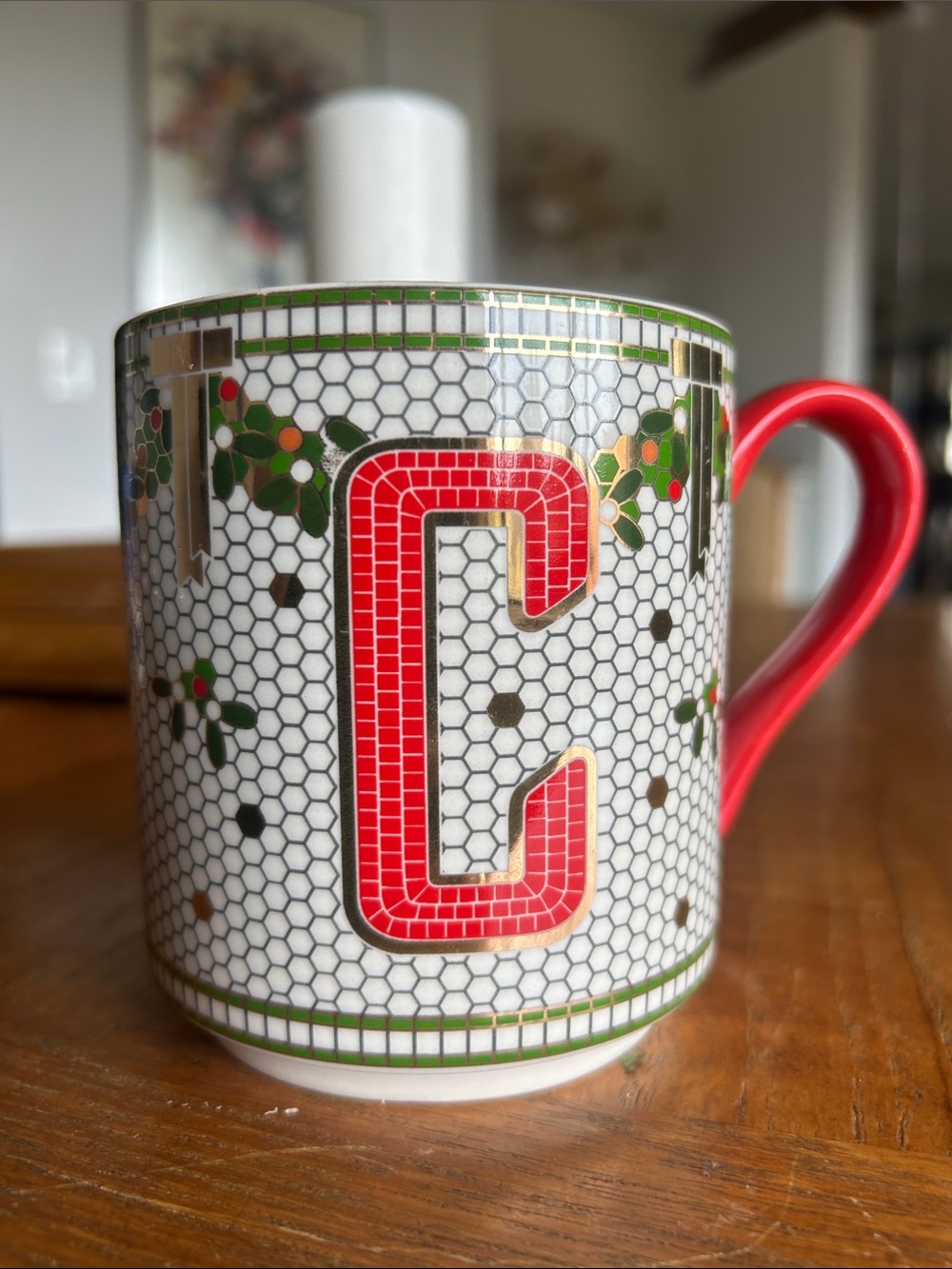 Anthropologie Festive Bistro Tile Mug Cup Of Cheer Letter C Monogram